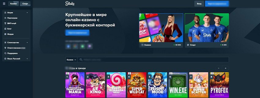Интерфейс сайта Stake