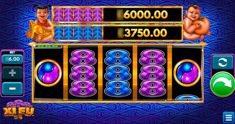 Графические элементы слота 888 Xi Fu с восточными мотивами и традиционными иероглифами