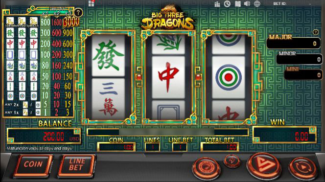 Игровое поле слота Big Three Dragons с тремя барабанами и символами драконов