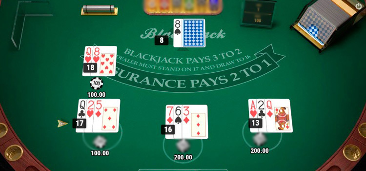 Интерфейс игры Blackjack MH с тремя игровыми позициями
