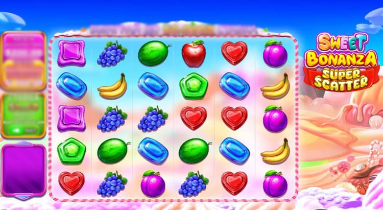 Игровое поле Sweet Bonanza Super Scatter с барабанами 6x5 и каскадными выигрышами