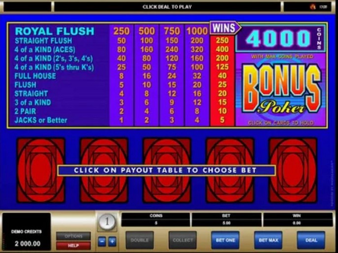 Стол видеопокера Бонус Покер на мониторе