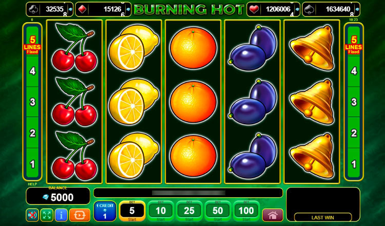 Игровые символы слота Burning Hot с фруктами и семерками