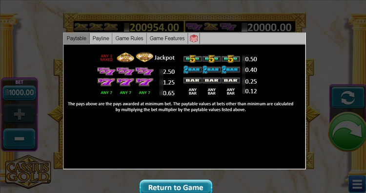 Таблица выплат и символы слота Cassius Gold с указанием старших и младших значений