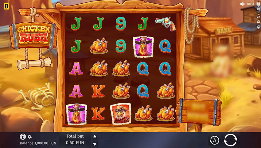 Игровое поле слота Chicken Rush с выигрышным кластером куриц