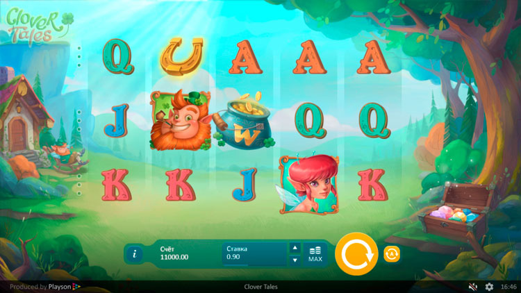 Главный экран Clover Tales: 5×3 барабаны, подсвеченная радужная линия, домик лепрекона, спокойная цветовая гамма