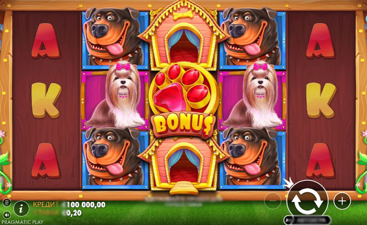 Игровое поле слота The Dog House с собаками разных пород на барабанах