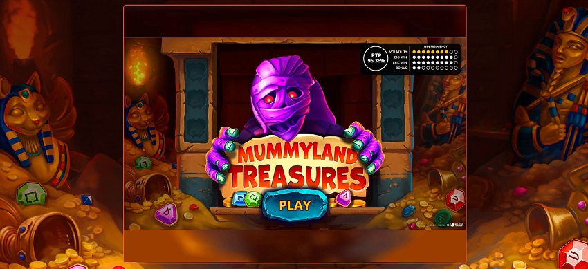 Финальный экран с крупным выигрышем в Mummyland Treasures на фоне египетских пирамид