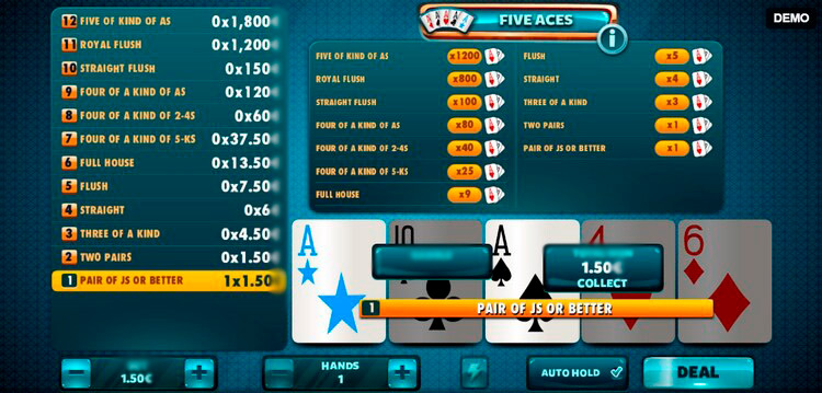 Интерфейс Five Aces с раздачей карт, кнопками Hold и таблицей выплат видеопокера