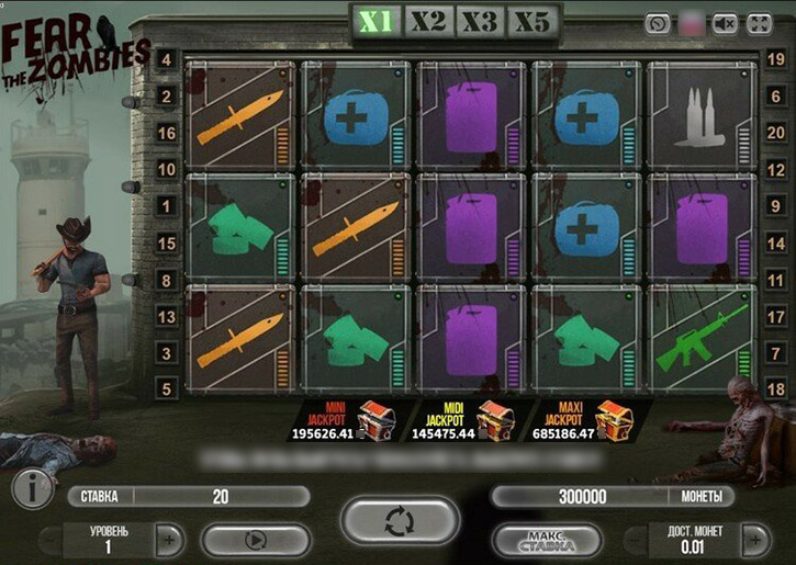 Игровое поле Fear The Zombies с символами оружия и зомби