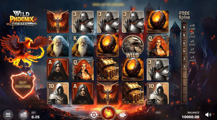 Скриншот игрового поля Wild Phoenix Rises с таблицей выплат и символом Феникса на барабанах