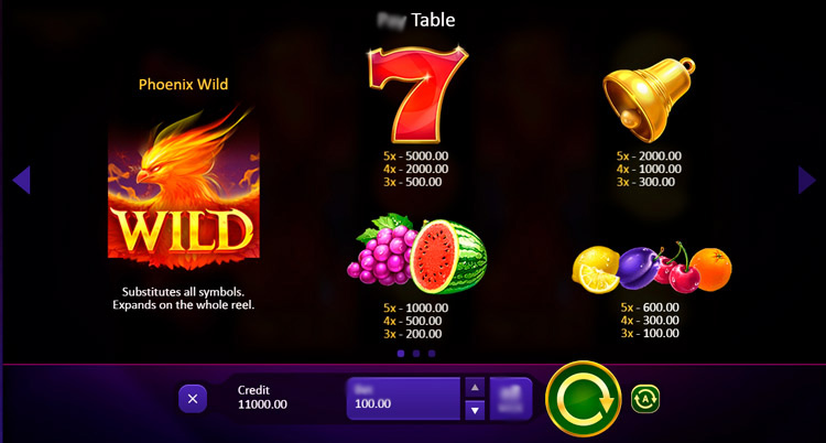 Таблица выплат Phoenix Fire на экране: фруктовые символы, Wild и пример линии выигрыша