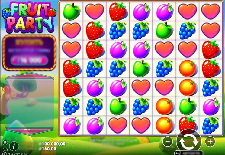 Крупный план игрового поля Fruit Party. В центре — выигрышный кластер из клубник. На трех символах клубники видны яркие множители x10, x5 и x2. На заднем плане — анимированные брызги сока
