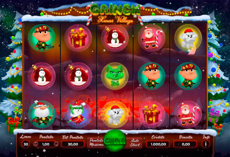 Игровое поле слота Grinch Xmas Village с символом Гринча на барабанах