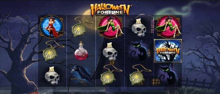 Игровое поле слота Helloween с символами участников группы на фоне рок-сцены