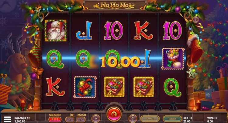 Игровое поле слота Ho Ho Ho с рождественскими символами и Дедом Морозом