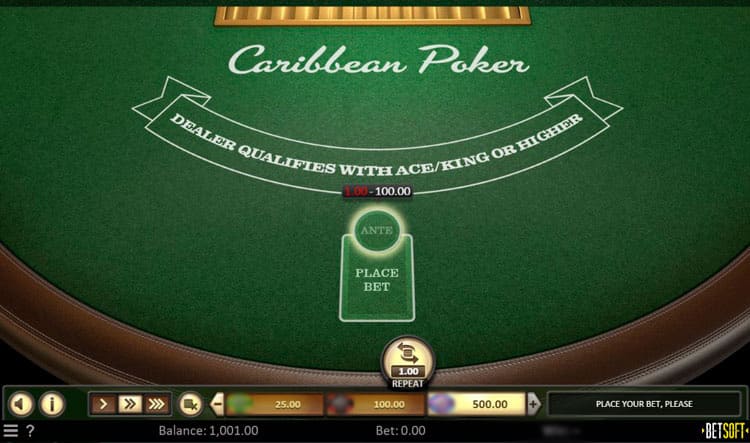 Скрин интерфейса Caribbean Poker: покерный стол, кнопки Deal Fold Raise