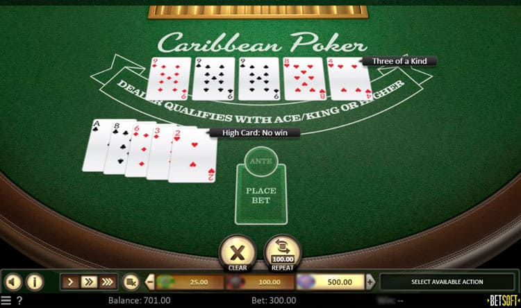 Пример выигрышной комбинации в Caribbean Poker с открытыми картами дилера и игрока