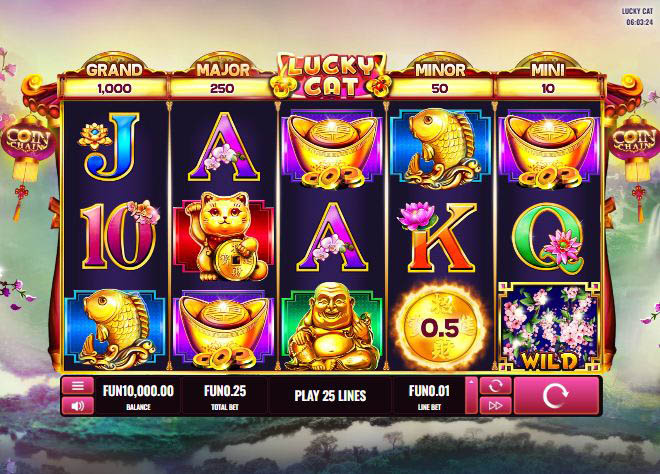 Игровое поле автомата Lucky Cat с барабанами и символами