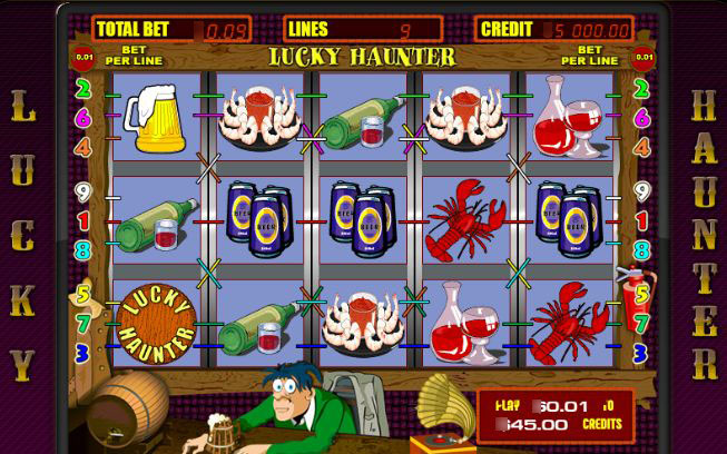 Основной экран Lucky Haunter с барабанами и панелью управления