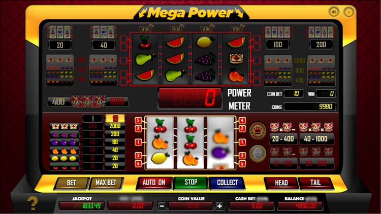 Игровое поле Mega Power с тремя барабанами и классическими символами на экране