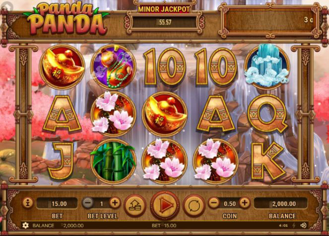 Игровое поле слота Panda Panda с изображением барабанов на фоне китайского сада