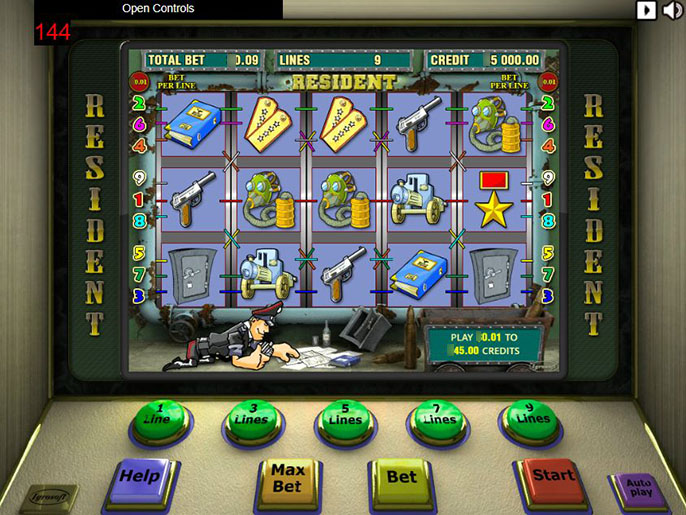 Игровой экран автомата Резидент с военной символикой и интерфейсом управления