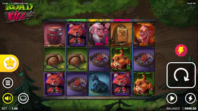Главный экран слота Roadkill: дорога, фары, три диких зверя