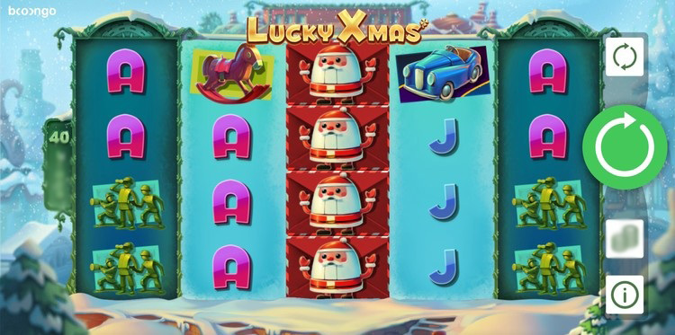Зимняя деревушка и новогодний интерфейс игрового автомата Lucky Xmas