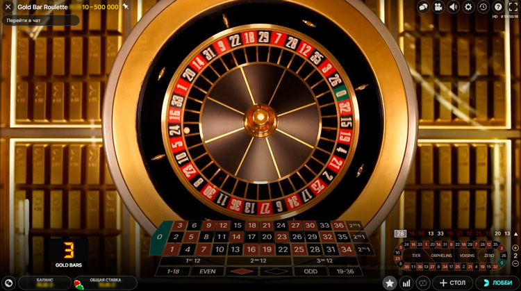 Интерфейс стола Gold Bar Roulette с ячейками для ставок золотыми слитками