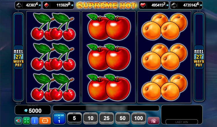 Игровое поле слота Supreme Hot с фруктовыми символами