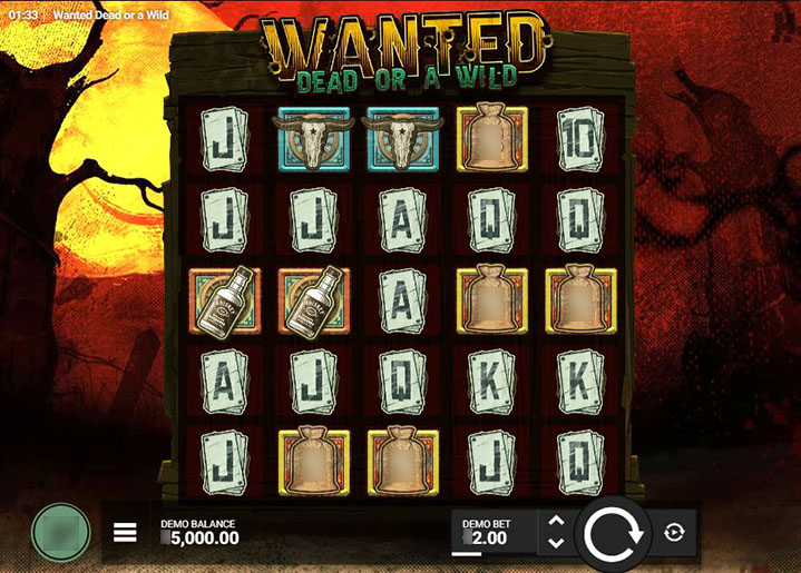Игровое поле слота Wanted Dead or a Wild с барабанами и символами