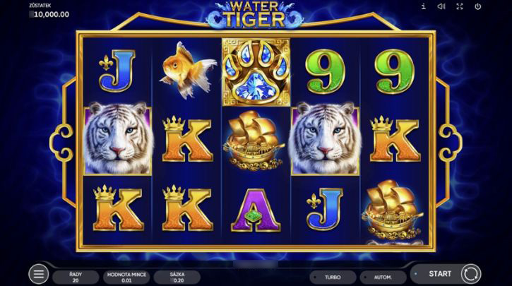 Игровое поле слота Water Tiger с символами на сине-золотом фоне